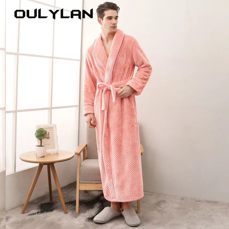 Soft Kimono Dressing Gown Solid Comfortable Sleepwear  Long Robe Flanne Pajamas Thick Large Bathrobe Extended White Pajamas