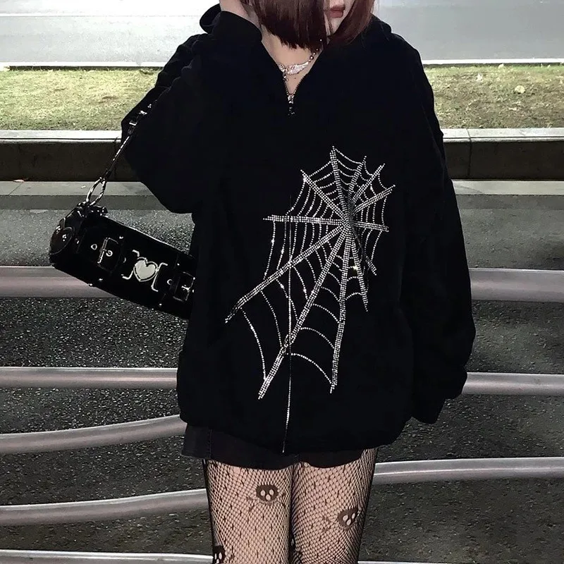 Full Zip Up Hooded Tops Sequin Loose Baggy Female Clothes with Zipper Glitter Spider Rhinestone Sweatshirts for Women Coat Trend