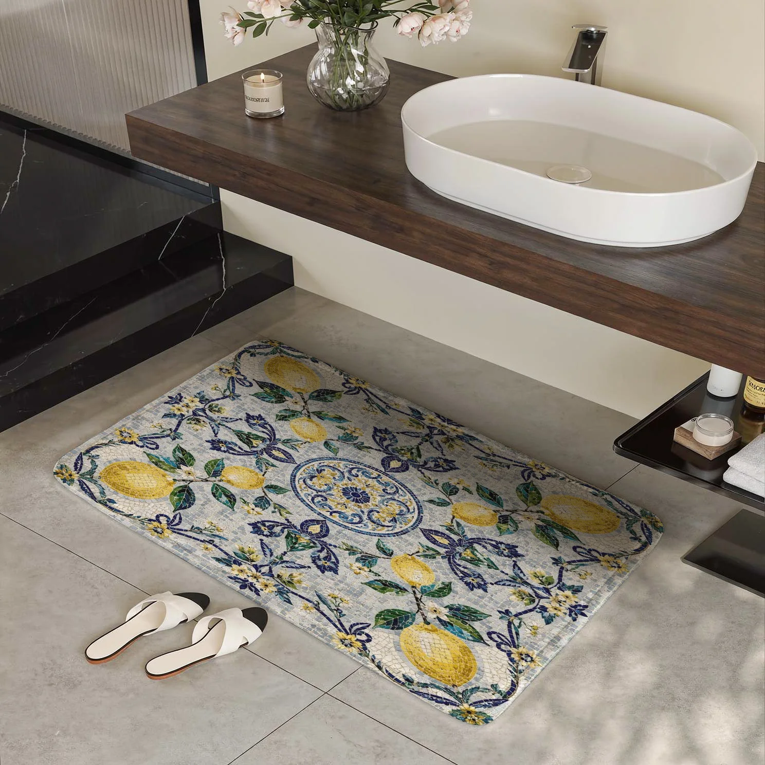 Decorative Lemon Floral Pattern Welcome Doormat Outdoor Indoor Entryway Rug Blue Yellow Cottage Style Hallway Porch Runner Mat H