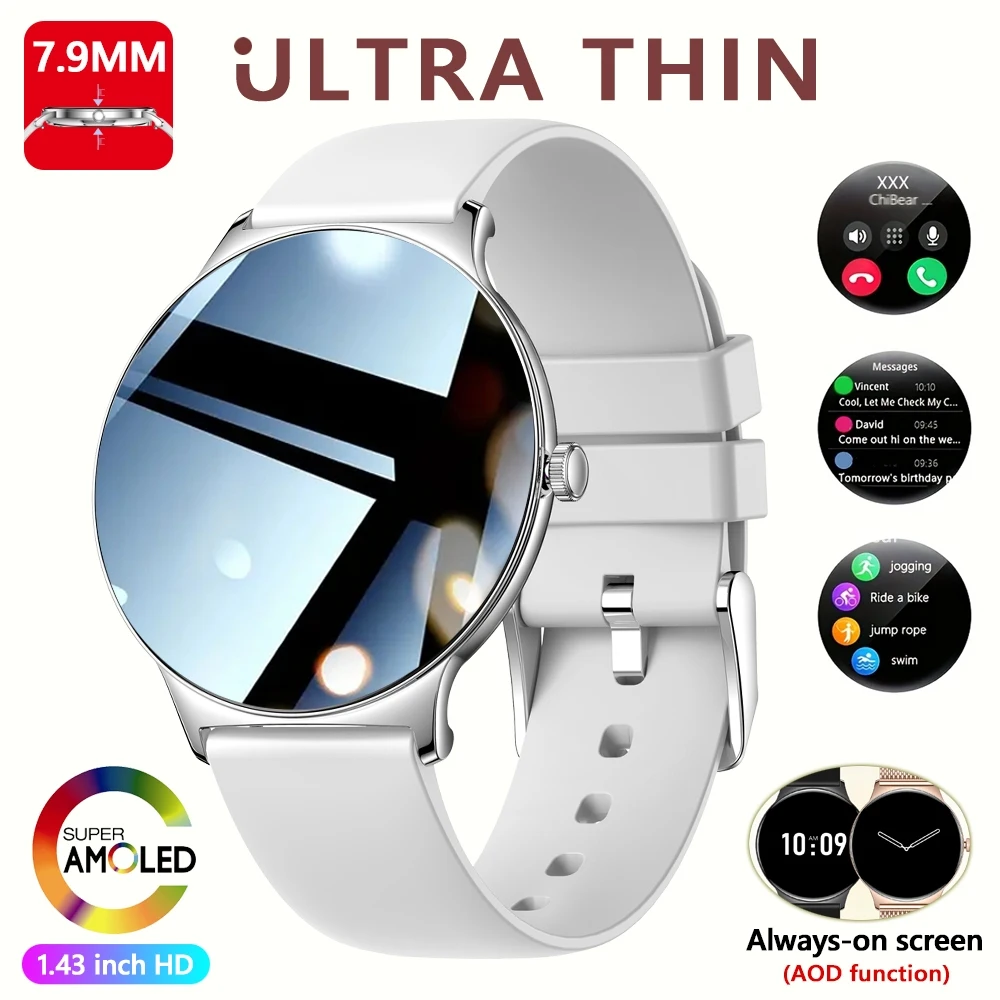 Ultradünne, modische Damen-Smartwatch, 1,43 Zoll AMOLED-HD-Bildschirm, Sportarmband, Uhr, zeigt immer die Zeit, Bluetooth-Anruf-Smartwatch
