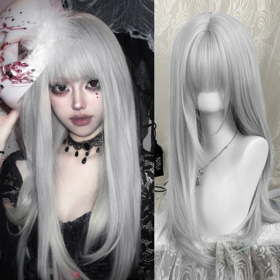 Silver Gray Synthetic Wigs Long Straight Lolita Cosplay Natural Wig with Bangs for Women's Party Daily Wear Heat Resistant Fiber