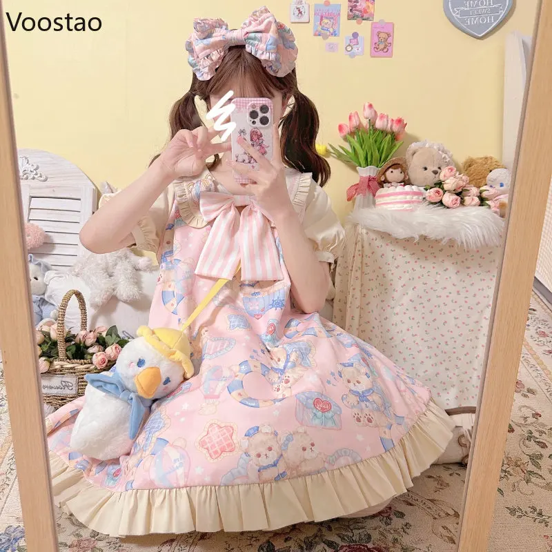 Summer Japan Style Kawaii Lolita OP Dress Girls Cute Cartoon Navy Bear Print Party Dresses Sweet Loose Bow Ruffles Mini Dress