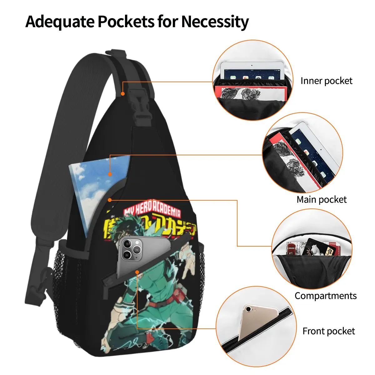 My Hero Academia Deku Crossbody Sling Bags Padrão Peito Bag anime Ombro Mochila Mochila para Caminhadas Outdoor Ciclismo Bag