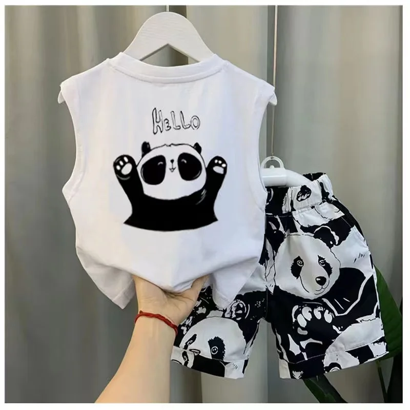 Boys' Summer Set 2024 New Western Style Children's Handsome Pure Cotton Sleeveless Tank Top Short Sleeve Two Piece Set