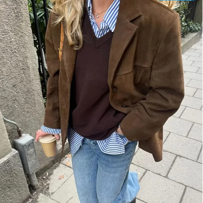 Vintage Suede Blazer แจ็คเก็ตฤดูใบไม้ร่วงฤดูหนาวผู้หญิงหลวม Single Breasted Coat กระเป๋าแฟชั่น Outwear Office Lady สั้น Coat
