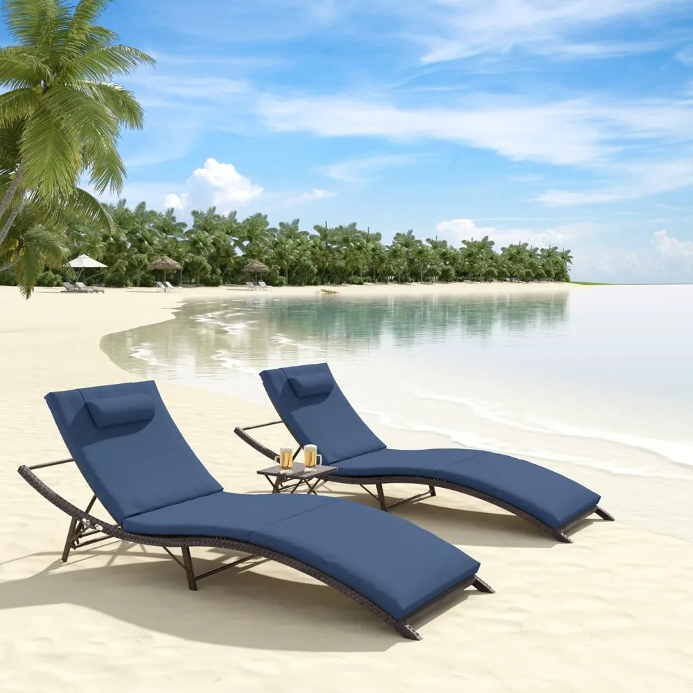 

Pool Lounge Chairs Outdoor Adjustable Chaise Lounge Chairs w/Sponge Cushion,2 Foldable & Portable and 1 Table for Poolside Pati