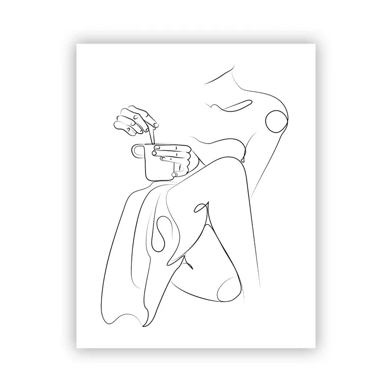 Abstrakte Kaffee-Frau Linienzeichnung Kunstdrucke Schwarz-Weiß Nordisch Minimalistisches Poster Kaffee Wandkunst Leinwandgemälde Küche Deko