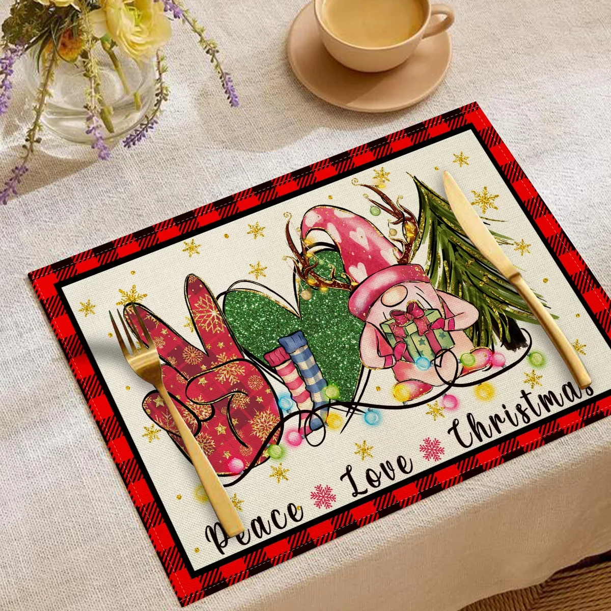 2 pcs/Lot Christmas Decorative Linen Placemat Cartoon Printed Heat-Resistant Table Mats Simple Versatile Western Dining Placemat