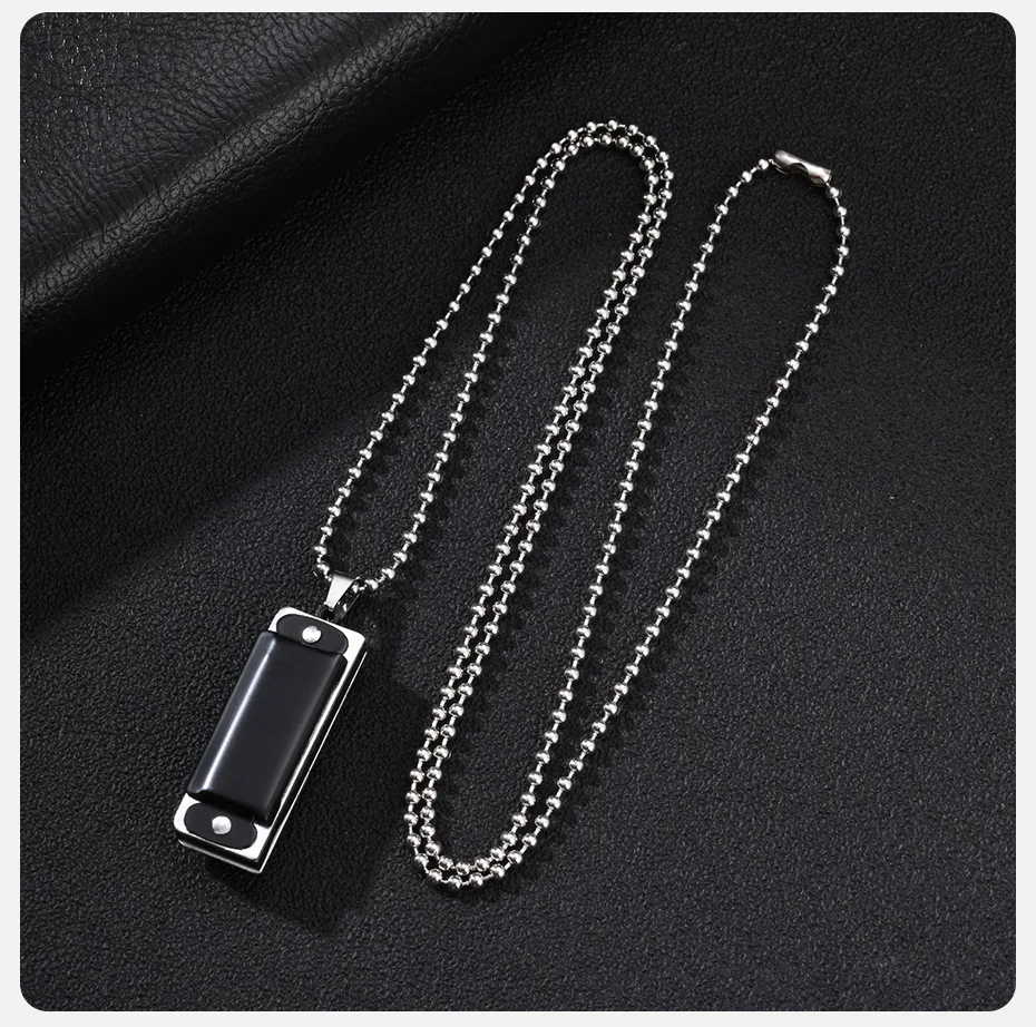 Vnox Herren Mundharmonika Anhänger Halskette, Edelstahl Perlenkette Rechteckiger Legierungsanhänger Schwarz Punk Alltagsschmuck Geschenk für Ihn – Detail 6