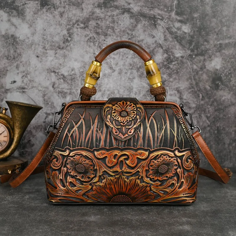 Johnature 2024 New Vintage Handbag Handmade Leather Carved Women Bag Versatile Large Capacity Shoulder & Crossbody Bags