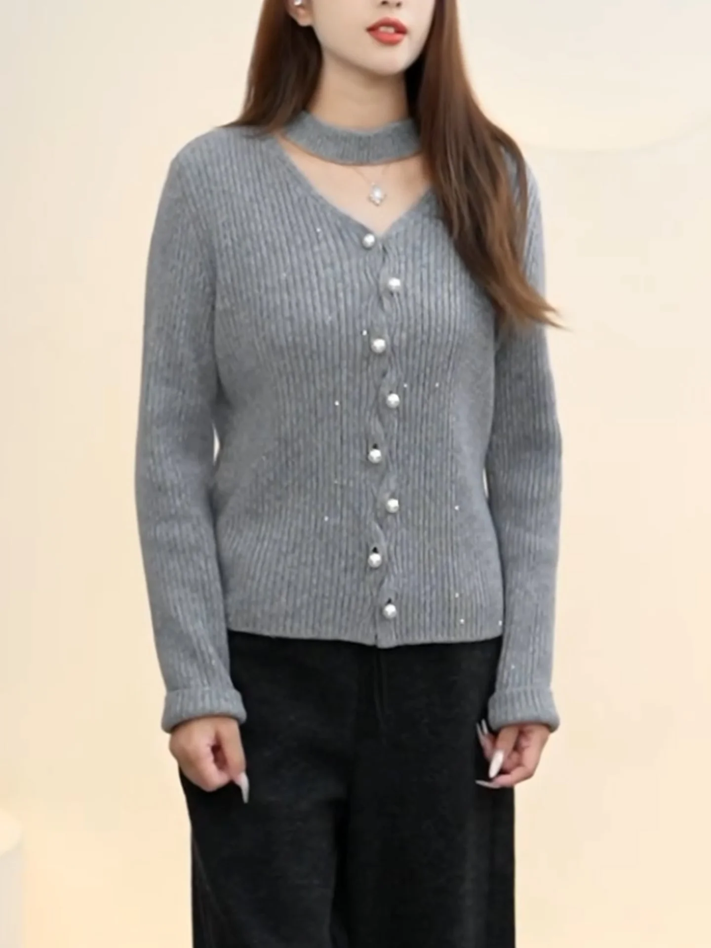 

Ele V-ne Knitted Slim-fit ey Cardigan Pearl Button Faion Women's Commute Daily Top Open-front Long Sve Wool Blend