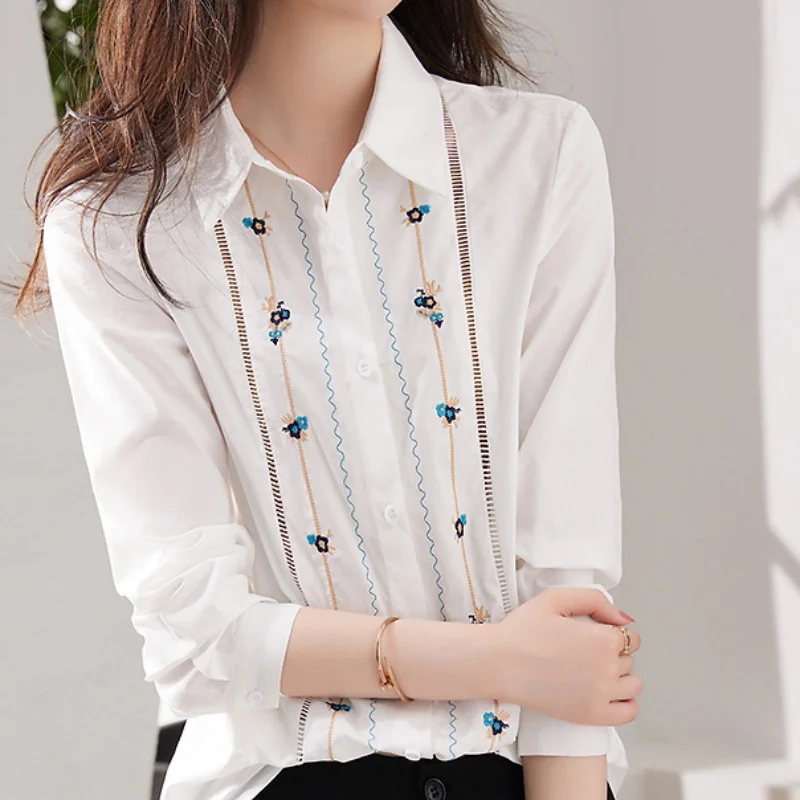 Classic Cotton White Printing Embroidery Single-breasted Blouse Women Loose Polo Collar Casual Office All-match Chiffon Shirt