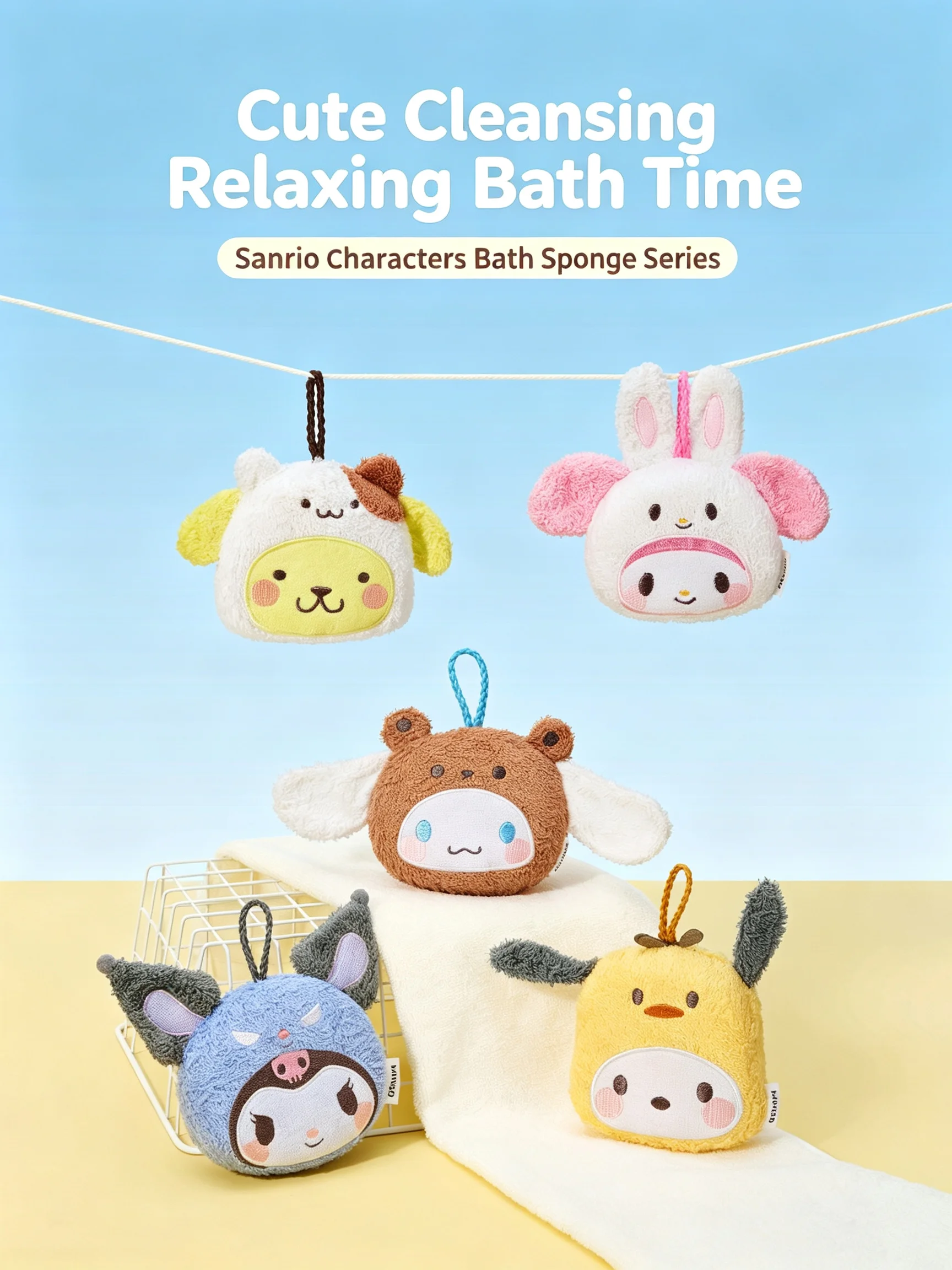 Kawaii Kuromi My Melody Cinnamoroll Pompompurin Plush Bath Sponge Cute Cartoon Hanging Shower Loofah Soft Fluffy Body