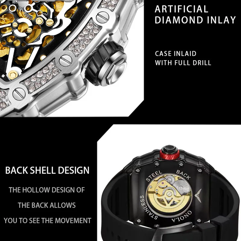 Top Brand Automatic Watches for Men Luxury Tonneau Skeleton Watch Bling Hip Hop Iced Out Diamond Mechanical Mille Wristwatch New