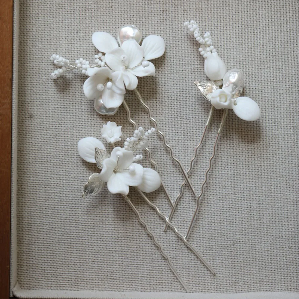 SLBRIDAL Handgefertigter Haarkamm aus Legierung mit Blatt-, Tonblumen- und Perlenverzierung, Haarnadel, Ohrringe, Hochzeit, Brautjungfern, Damen, Mädchen, Haarschmuck – Detail 5