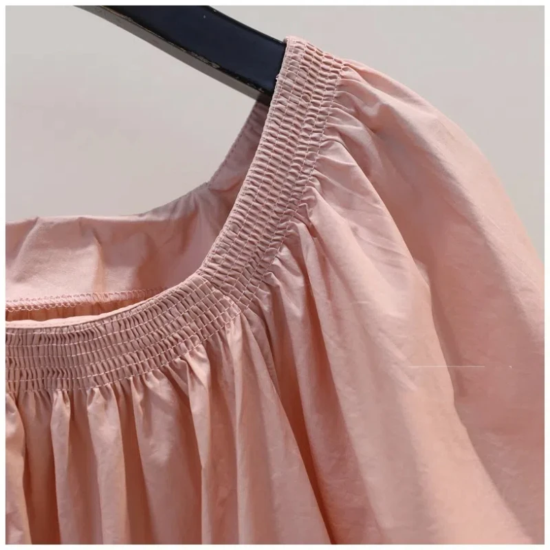 Korean Fashion Summer Pure Cotton Women\'s O-Neck Solid Pleated Simplicity Sweet Loose Ruffles Short Sleeve A-line Shirts Tops