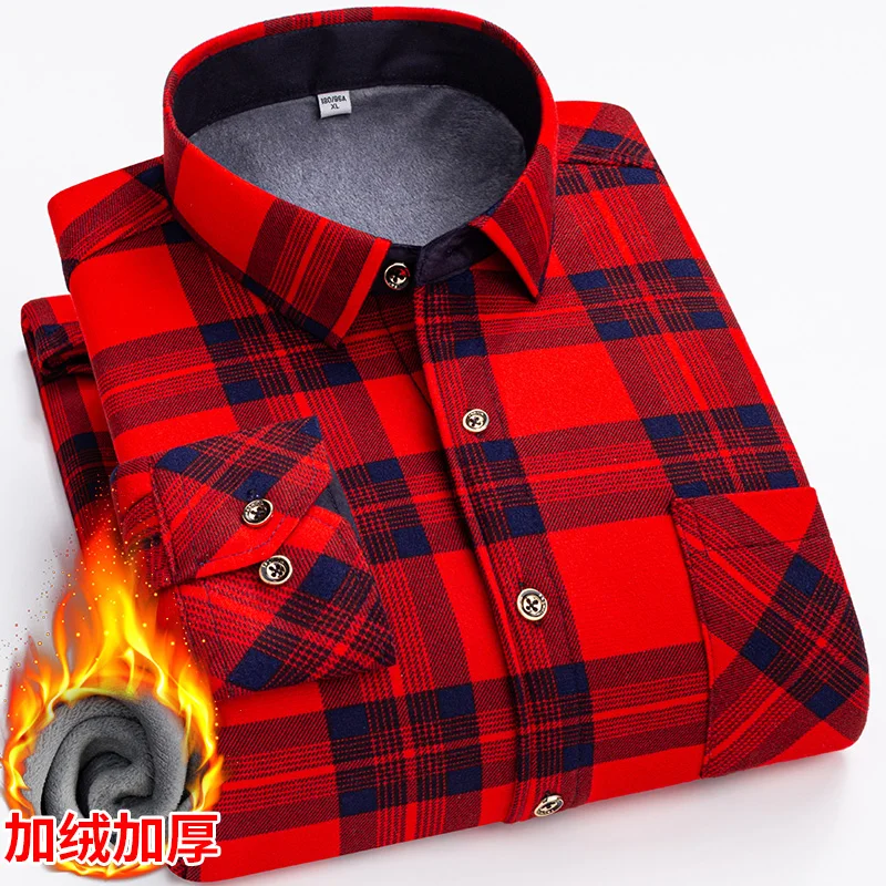 Men's long-sleeved shirts with added fleece and thickening are warm, casual in winter, skin-friendly, soft and cold-resistant