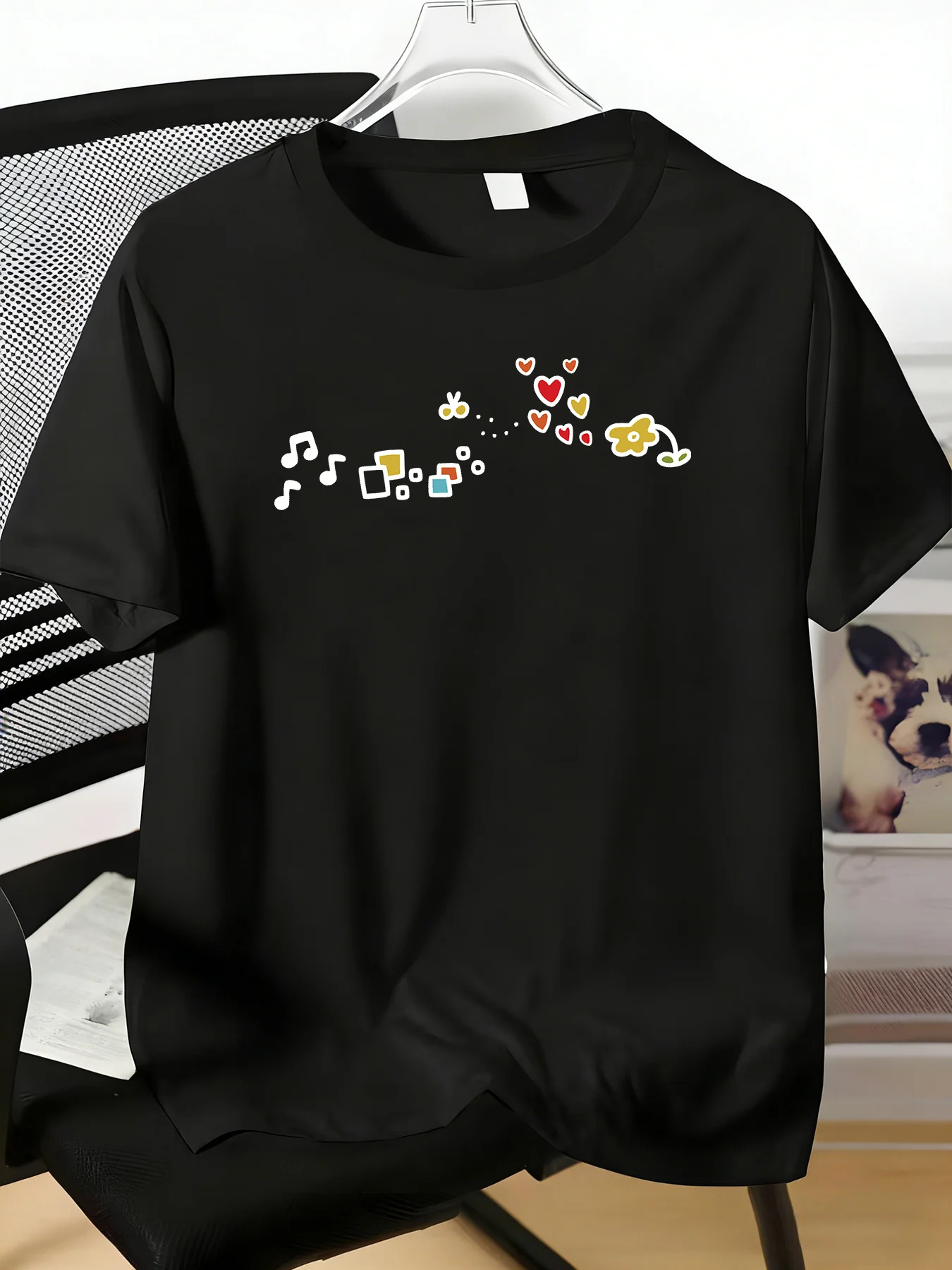 Male Black Crew Neck Tee Musical Note Heart Floral Geo Print Soft Thin Short Sleeve Summer Daily Casual Top For Music Hobby Fans