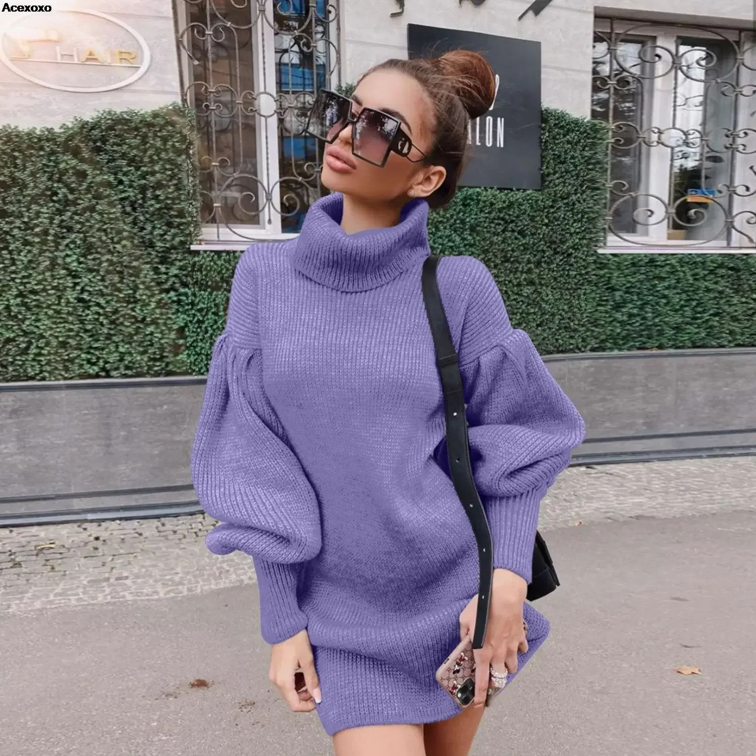 

Autumn and winter new women's fashion casual turtleneck knitted wool lantern sleeve loose pullover