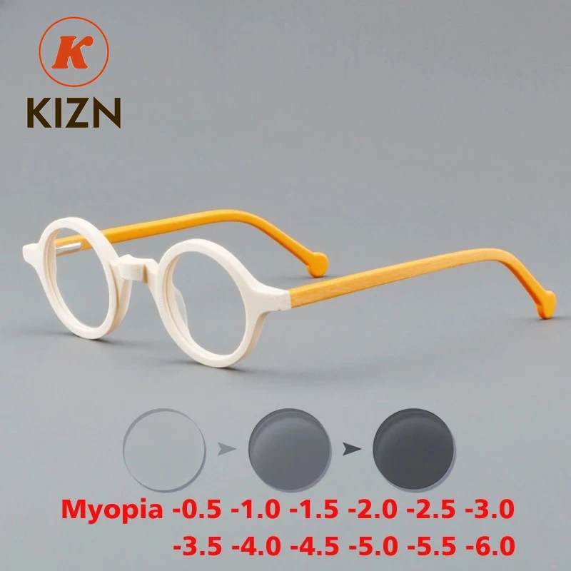 

KIZN Sports Acetate Myopia Discolor Glasses Frame Men Small Round Anti-blue Eyeglasses Women Optical Prescription Eyewear -0.5