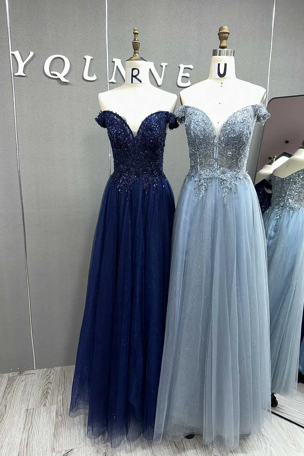 YQLNNE Pretty Dusty Blue Long Prom Dresses Off Shoulder Beaded Tulle Sequins Back Zipper Formal Women Party Gown