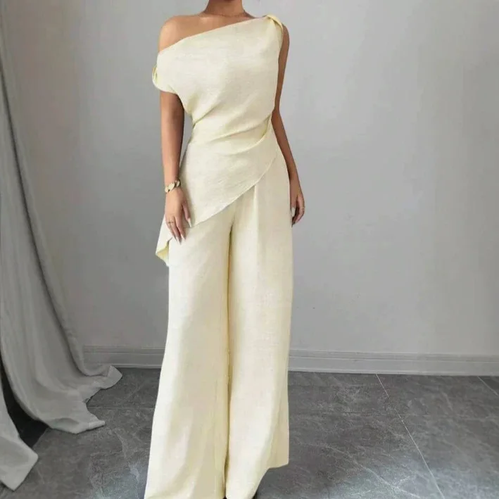 2026 New Stylish & Sophisticated Two-Piece Set: Solid-Color One-Shoulder Sleeveless Top and Wide-Leg Trousers