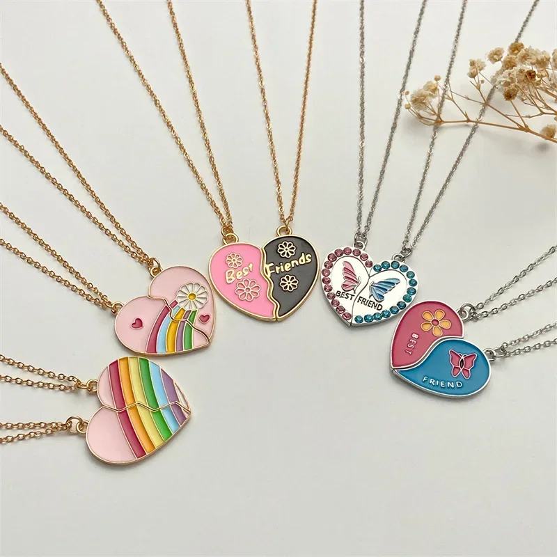 2 Pcs/Set Best Friends Pendant Necklace Broken Love Heart Women Chain Choke BFF Good Friendship Necklaces Jewelry Gifts for Kids