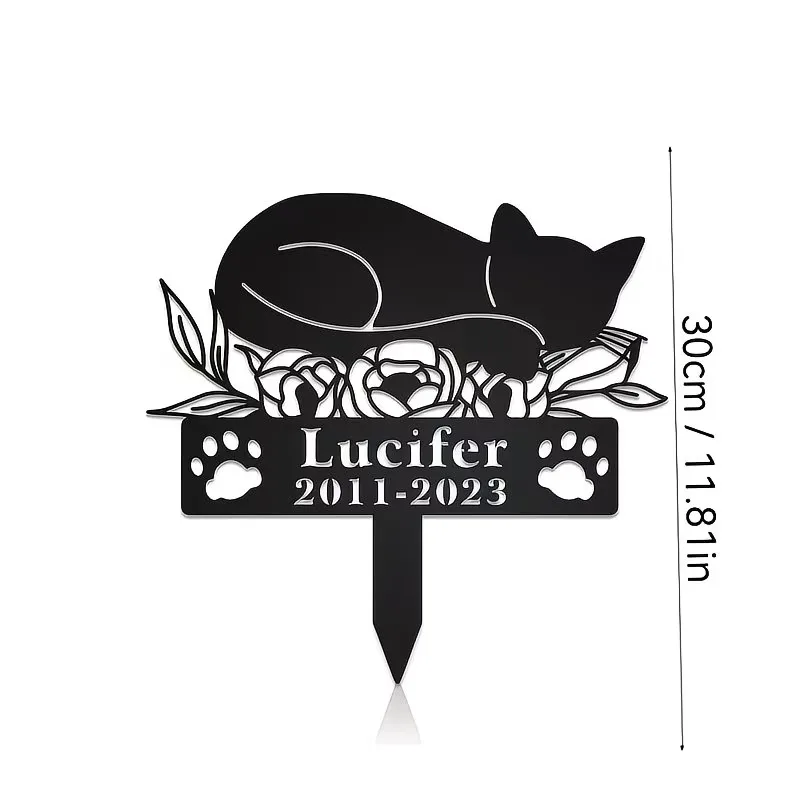 Personalized Cat Commemorative Stake - Customized Metal Spring Tomb Emblem with Flower Design, Claw Print, and Carved Name/Date