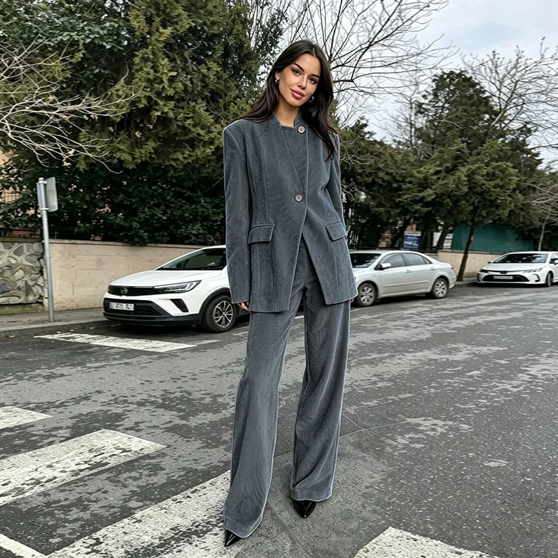 Damen-Hosenanzug 2-teilig, Cord, Stehkragen, seitliche Knopfleiste, Langarm-Mantel, Weite Hose, Herbst-Outfit, Neu – Detail 17