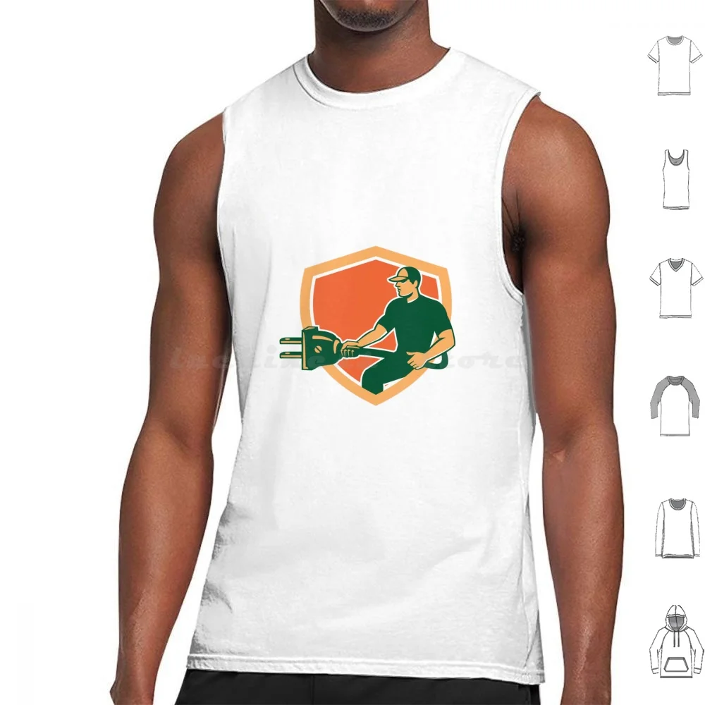 Electrician Carrying Electric Plug Shield Retro Tank Tops Vest Sleeveless Electrician Electric Plug Plug Worker Carry