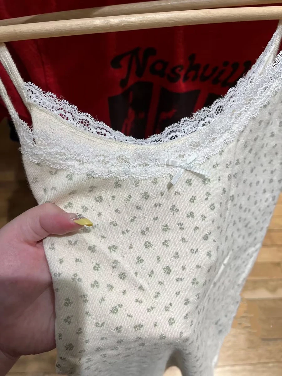 الأخضر الأزهار العيينة سليم المحاصيل الأعلى امرأة الصيف القوس الدانتيل تقليم أكمام القطن كاميس الحلو Preppy نمط كل مباراة تانك القمم Y2k #5