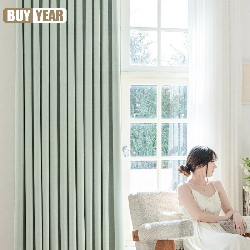 European Cream Green High-end Chenille Blackout Curtains High-end Solid Color Curtains for Living Dining Room Bedroom Custom