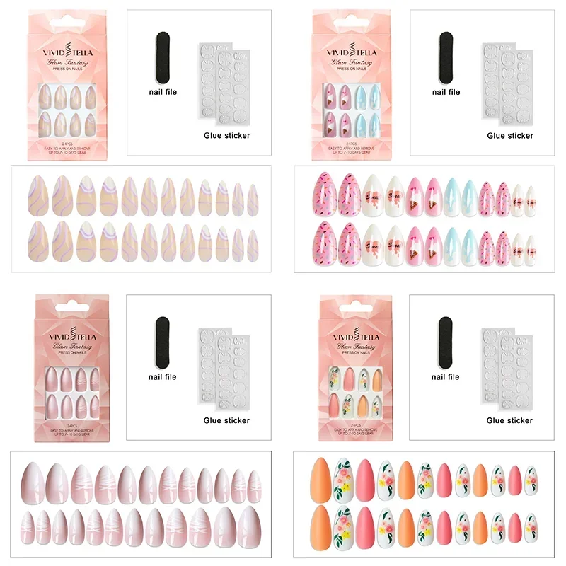 Prensa hecha a mano en uñas, 24 piezas, escalera larga portátil, cubierta completa de uñas postizas acrílicas artificiales, uñas postizas reutilizables para mujeres