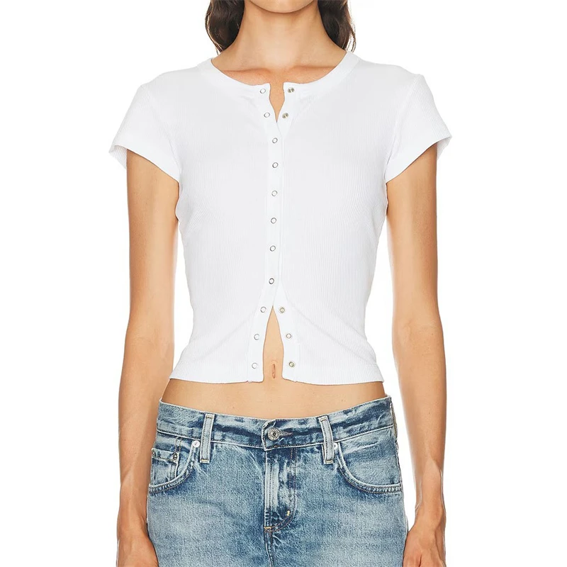 Y2K High-Quality Round Neck Single-Breasted Ribbed Knit Cotton Short-Sleeve T-Shirt Women's Fashionable Slim Fit Top, Base Layer