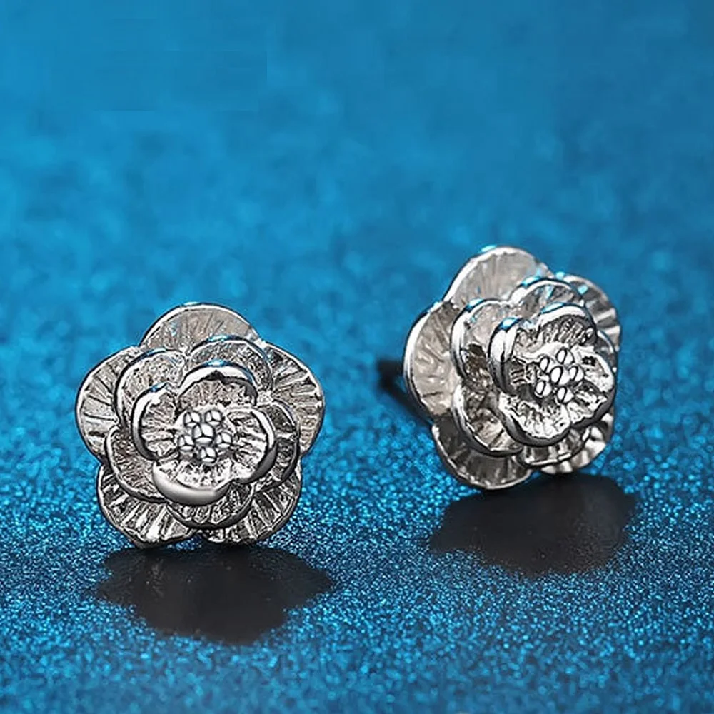 Hot 925 Sterling Silver Pretty Rose Flower Stud Earrings for Women Fashion Classic Party Wedding Jewelry Holiday Gifts