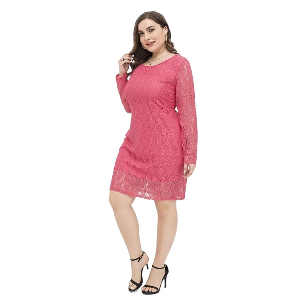 Plus Size Women\'s Long Sleeve Lace Solid Color Slim Fit Pencil Dress