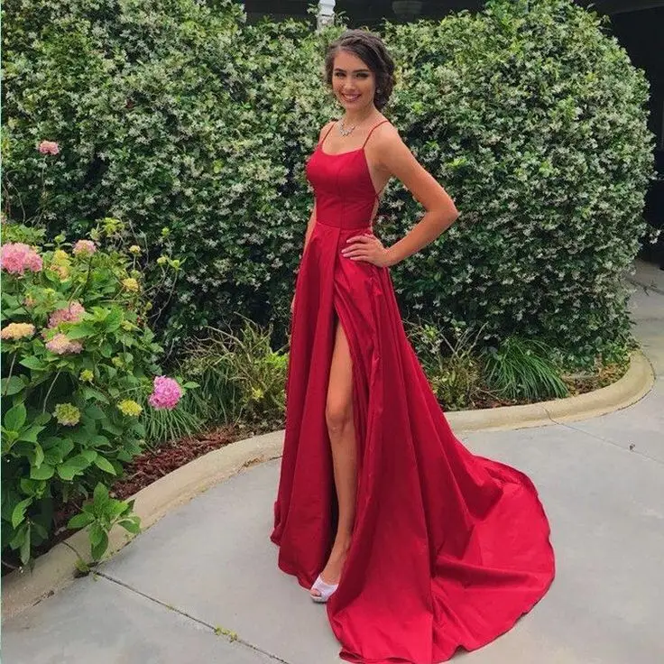 Burgundy Satin Maxi Flared Dress with High Slit Sexy Prom Dresses Blackless A Line Evening Party Gowns For Wedding Party