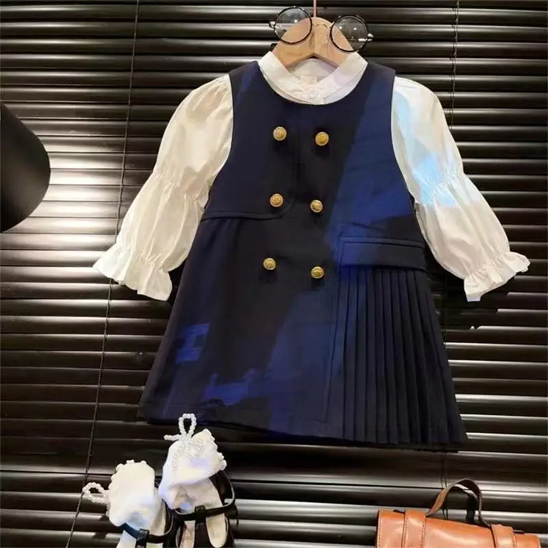 

2-7 Years Girls Dress Set Spring and Autumn 2026 New Western Children's Shirt+pleated Skirt College Style Two-piece set 90-140CM