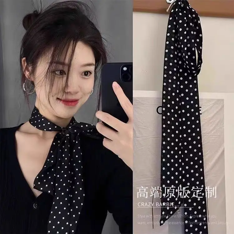 Versatile Neck Scarf Black Polka Dot Silk Like Square Women's Fall Fashion Hair Band Shirt accessory Luxury Gift Idea