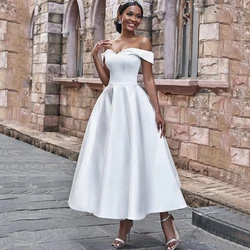 Simple Satin Mid-Calf Wedding Dress Off the Shoulder Short Sleeve A-Line Backless Bridal Civil Marriage Gowns for Register