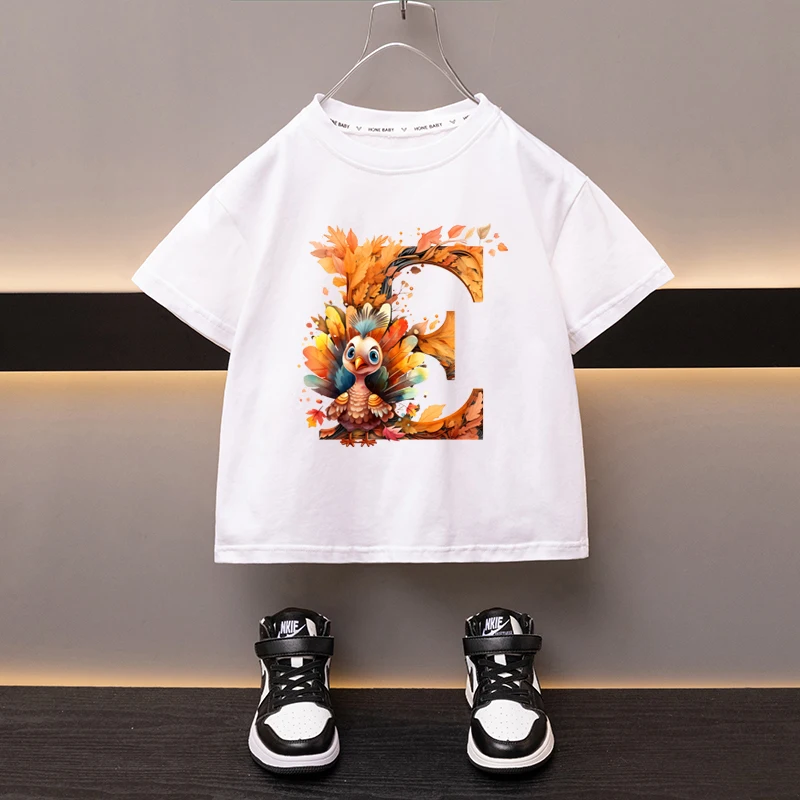 Maple Leaves Letter E Children T-shirt Kawaii Clothes for Girls T Shirt Anime Cartoons Casual Kid Boy Short Sleeve Tops New 2024