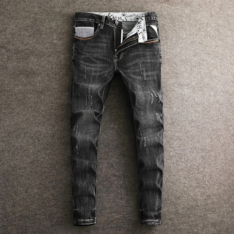 

Fashion Vintage Men Jeans High Quality Retro Black Gray Stretch Slim Fit Ripped Jeans Men Trendy Designer Denim Pants Hombre