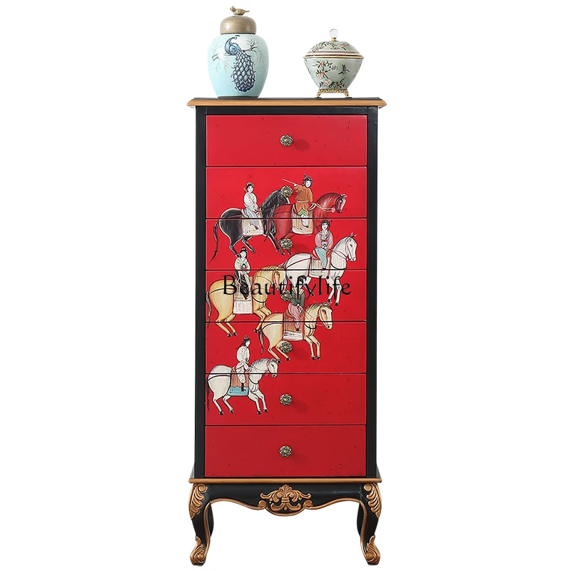 

*American retro painted chest cabinet new Chinese red living room storage cabinet