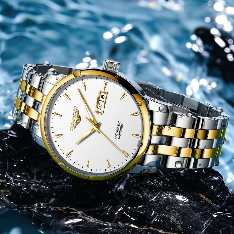 GUANQIN męskie zegarki automatyczne mechaniczne podwójne okienko kalendarza stal skórzany biznesowy rekreacyjny świecący wodoodporny zegarek na rękę
