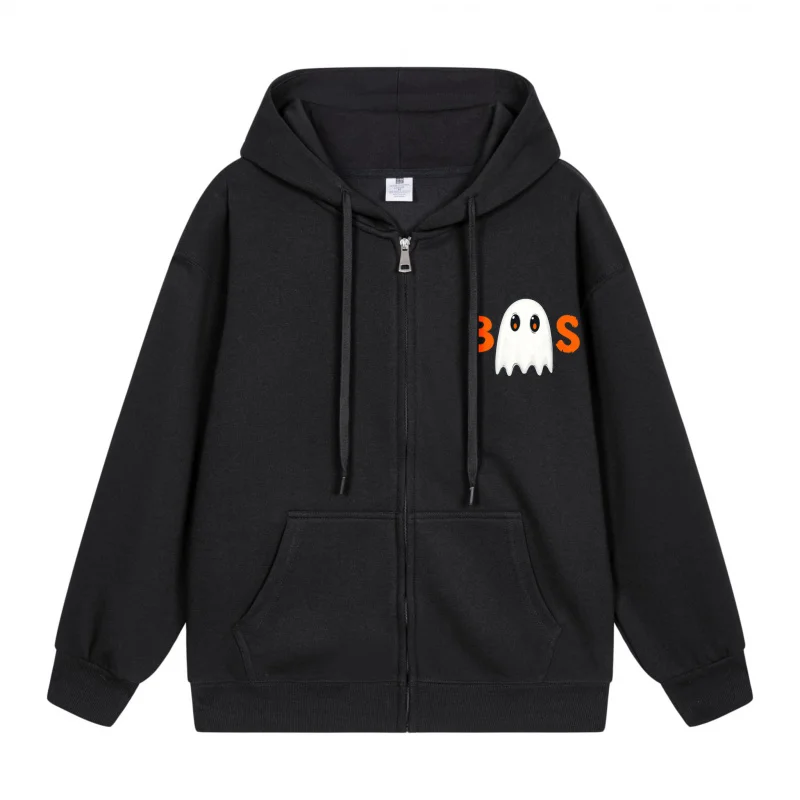 

Men's Zip-Up Hoodie Ghost Print On Black Hoodie Halloween in 2025 Casual Couples’ Style Halloween Theme Halloween Party Outfit