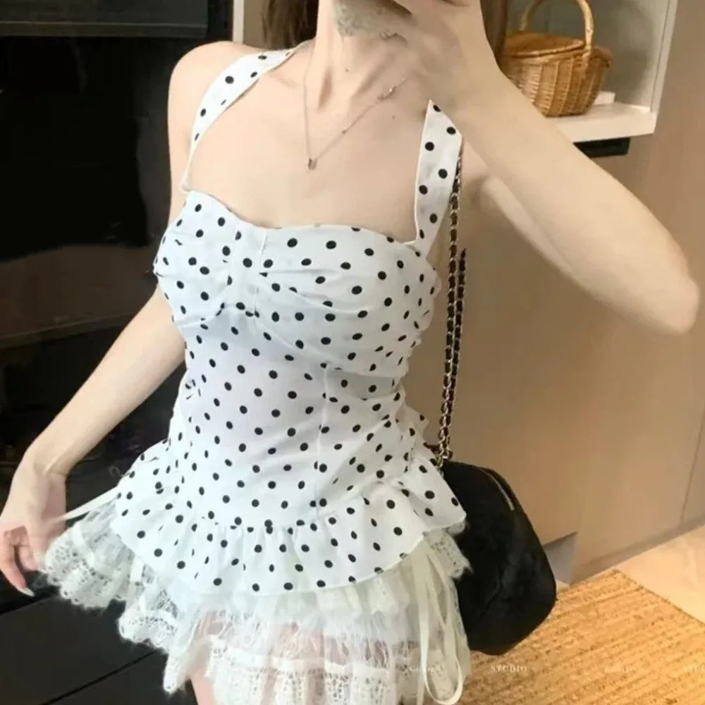 Fashion Sleeveless Y2k Dot Crop Top Slim Fit Lace Up Halter Ruffle Vest Top Ruffle Korean Style Women Camisole Summer