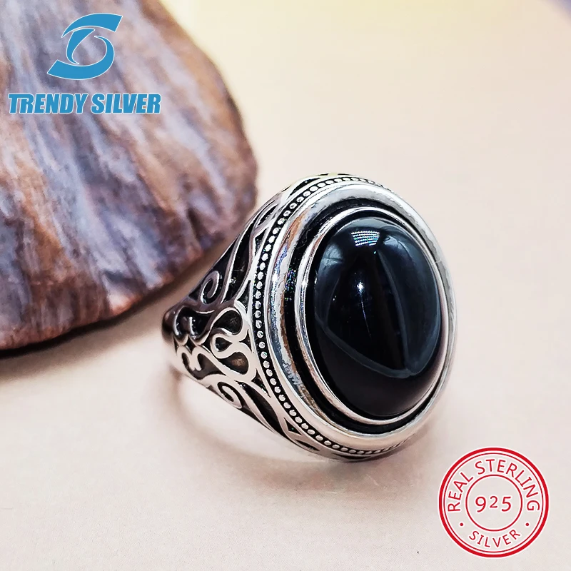 

luxury Mens Man rings real 925 sterling silver certified original jewelry for men natural gemstone black onyx stone ring male