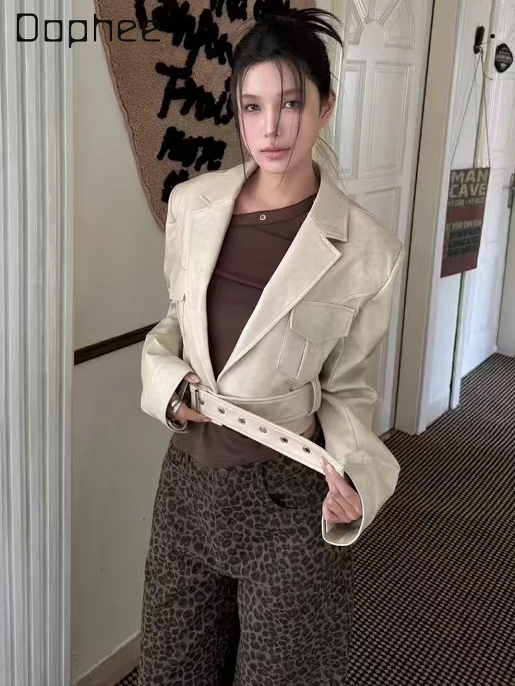 خمر التوابل فتاة ضئيلة الدانتيل متابعة دعوى طوق بولي معطف معطف جلد سترات قصيرة للنساء الخريف جديد الشارع الحلو كول Y2K سترة
