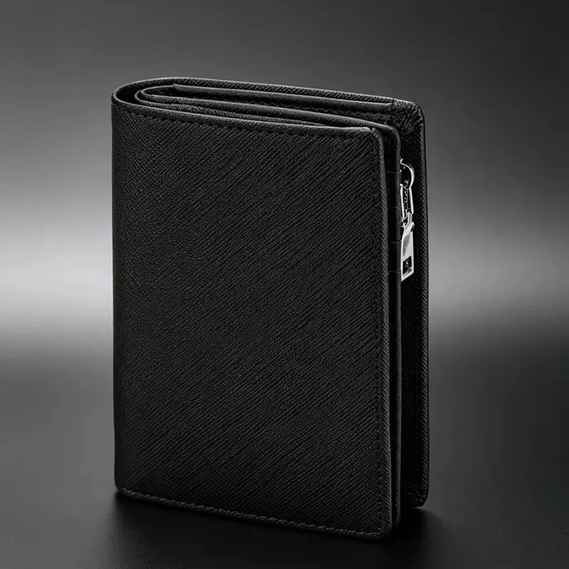 New Men's Genuine Leather Zipper Short Wallet, Multi Card Slots Fashion Vertical Mini Snap Button Coin Purse Change Bag