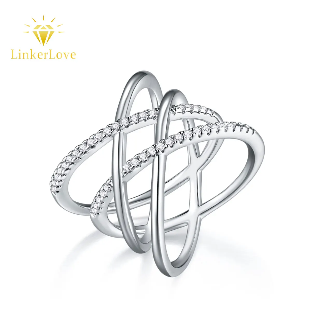 LinkerLove Moissanite Ring X Shape Design for Women S925 Sterling Silver Infinity Twist Wide Band Wedding Band Luxury Jewelry
